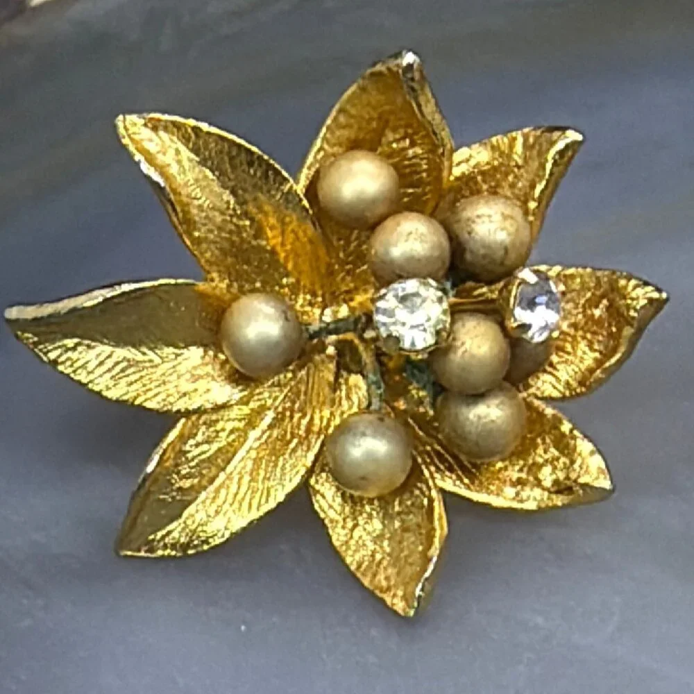 VTG MCM 1950s 3D Floral Clip On Earrings Faux Pearl Rhinestone Layered Flower - Picture 3 of 16